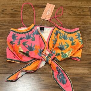 SHEIN Pink & Orange Tropical Tie-Front Bikini Top